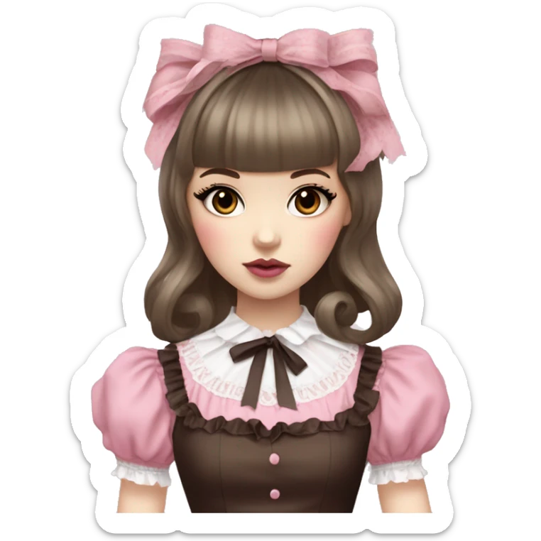 pale woman with short brown hair and bangs, pink lips and eyeshadow, long eyelashes, brown eyes, pink Lolita dress with laces and ribbons, gothic Lolita doll look sticker