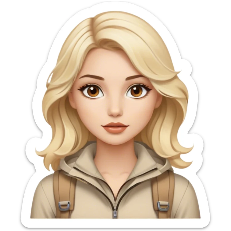 Luxury blonde model, brown eyes, luxury makeup, sleek wavy beige-blonde hair, hiking outfit sticker