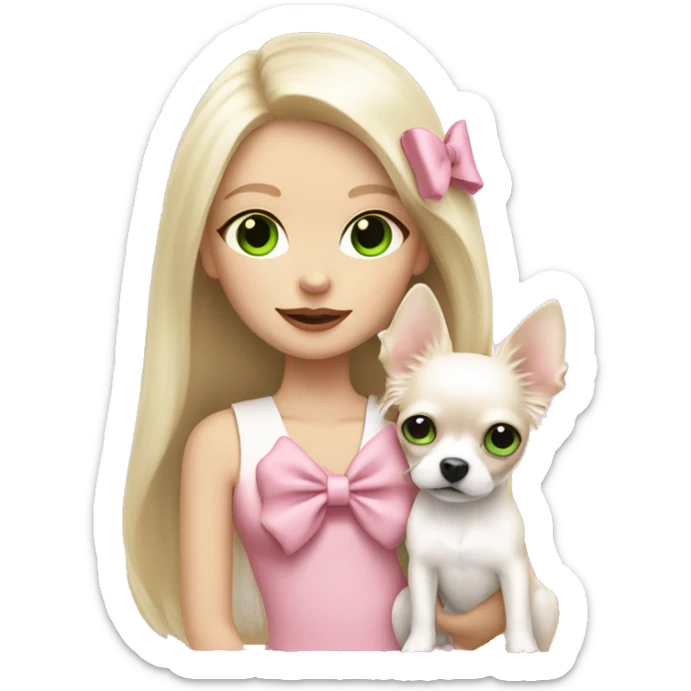 pale blond girl with long platinum hair with green eyes holding a white chihuahua puppy that wearing a pink bow sticker