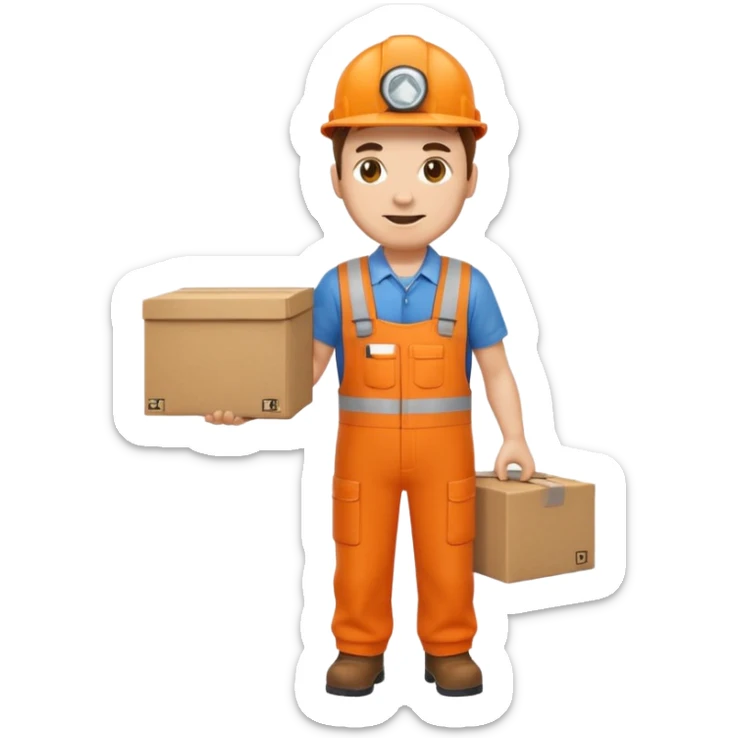emoji style railway engineer full body in orange overalls, carrying a box with both hands sticker