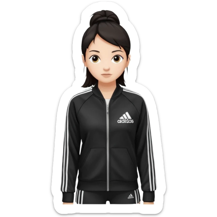 A girl with  medium length, dark hair, fair skin. The style is a layered cut that falls around her shoulders. wore black Adidas track jacket with white stripes on the sleeves. It has a full zipper down the front, a stand-up collar, and the Adidas logo on the right chest emoji sticker