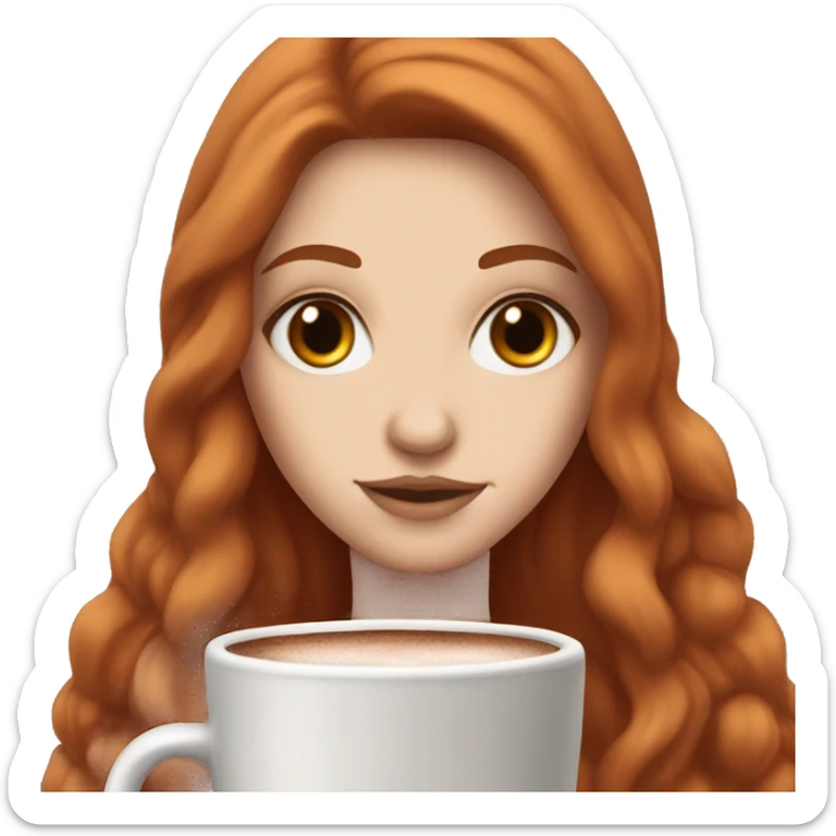 white girl with red long hair and brown eyes and a hot chocolate sticker