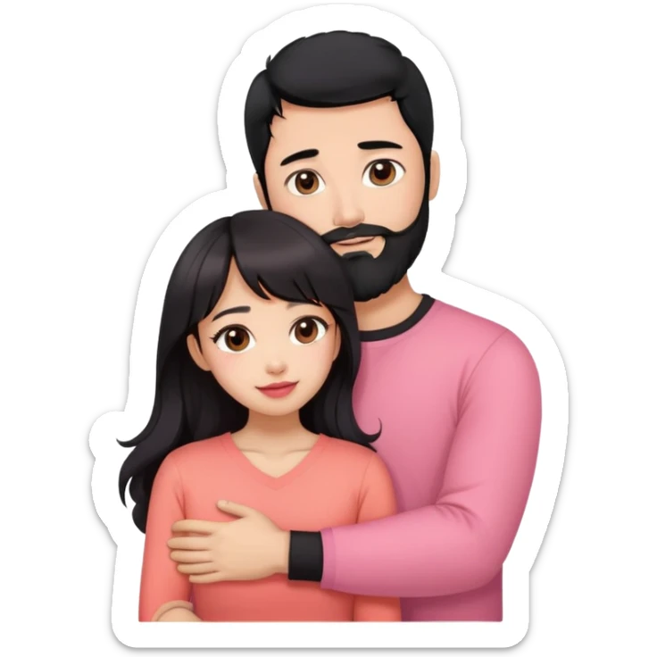handsome asian man with black hair and beard, hugging cute woman with light tan skin, big black eyes, long wavy reddish brown hair, bangs, pink top, coral lipstick sticker
