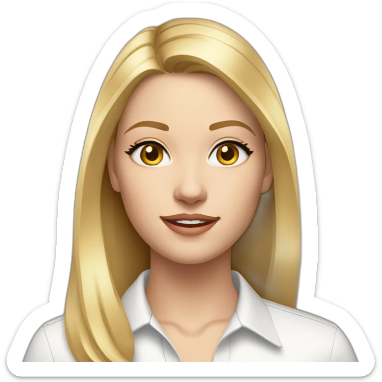 young woman with grey eyes and straight shoulder length blonde hair wearing a white button up and golden hoop earrings sticker