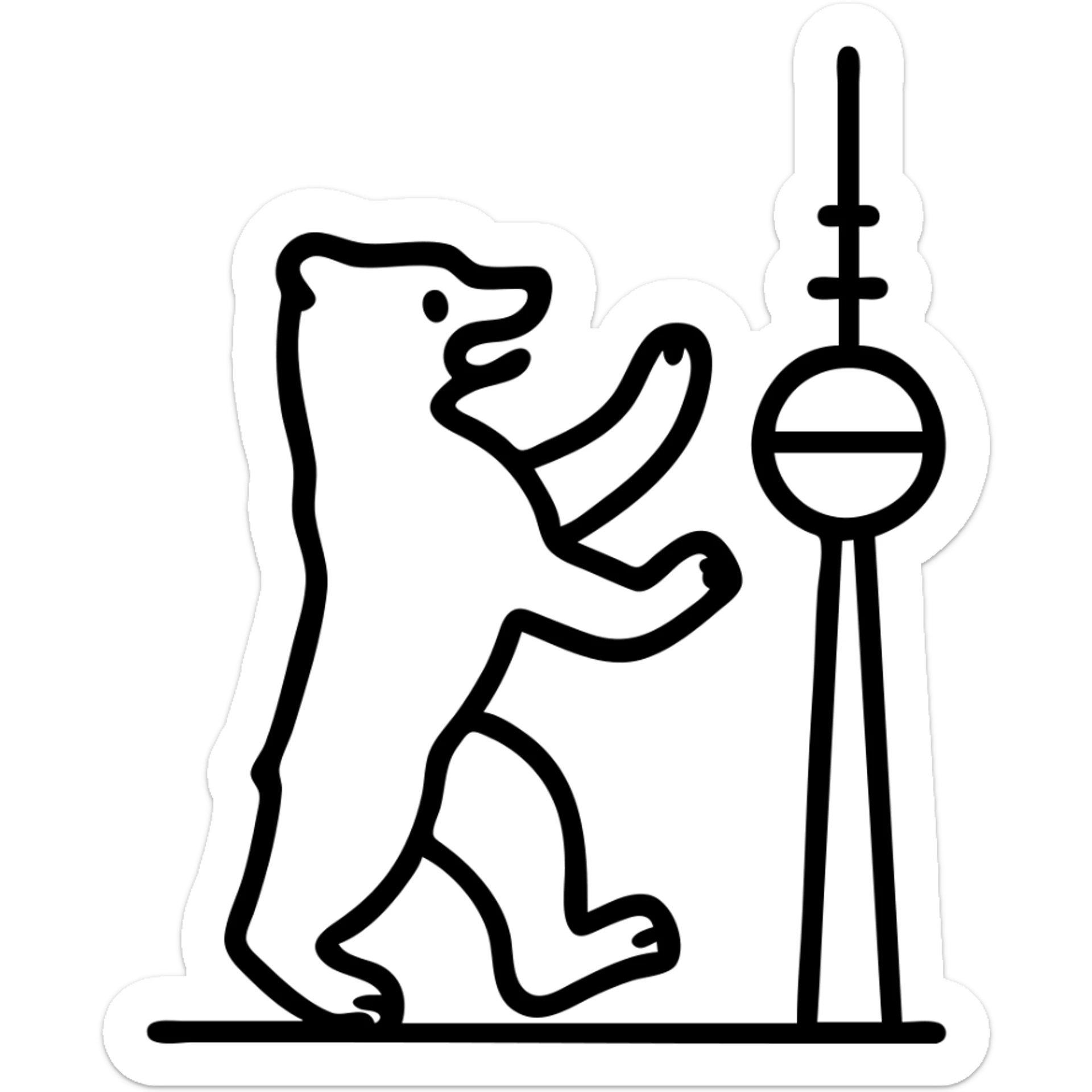 Icon of Berlin Bear for a mobile app, with the Berlin TV Tower in the background, playful pose, flat colors, no text, transparent background. sticker