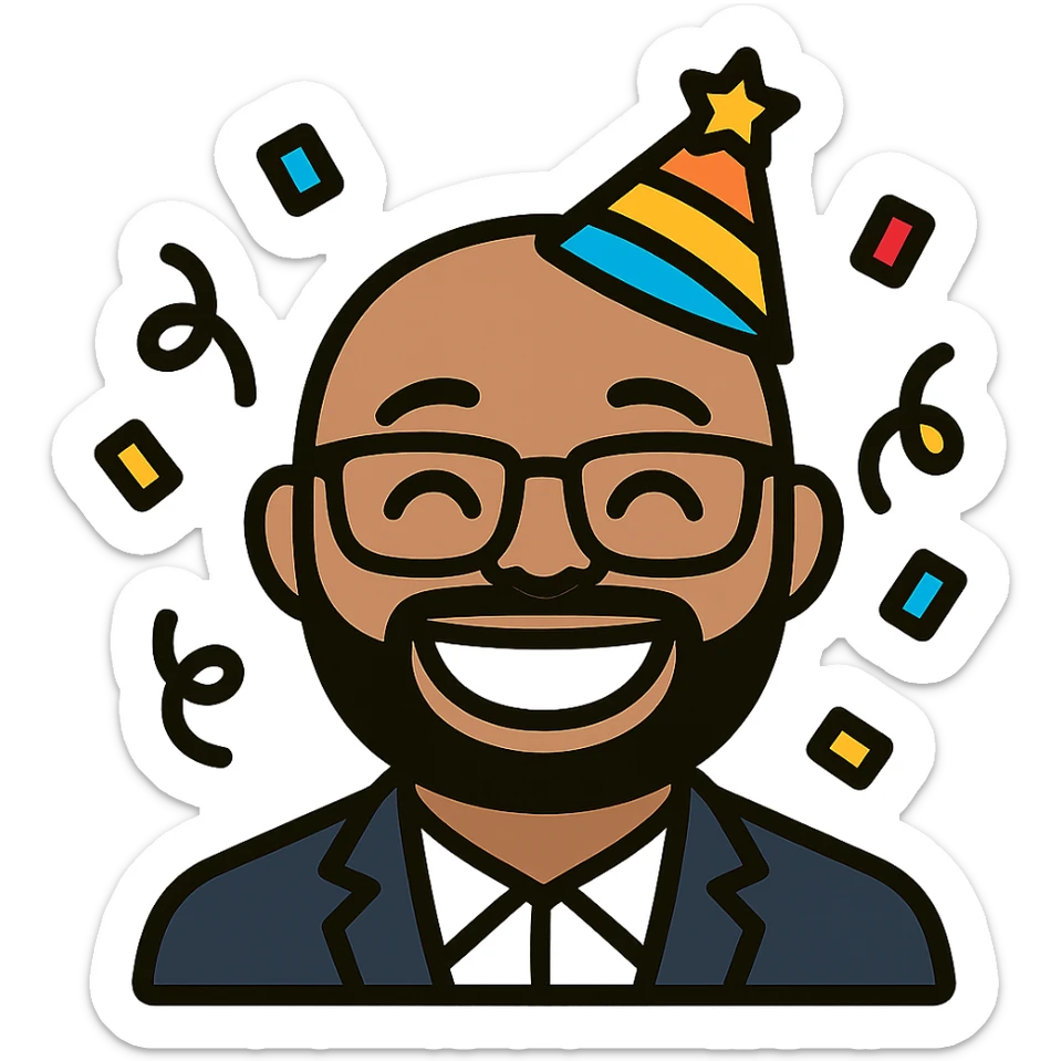 Create a funny celebration emoji version of the person in the photo with an exaggerated smile and glasses. Add party elements like confetti and a party hat. Do not include any hand gestures. Keep the background transparent. sticker