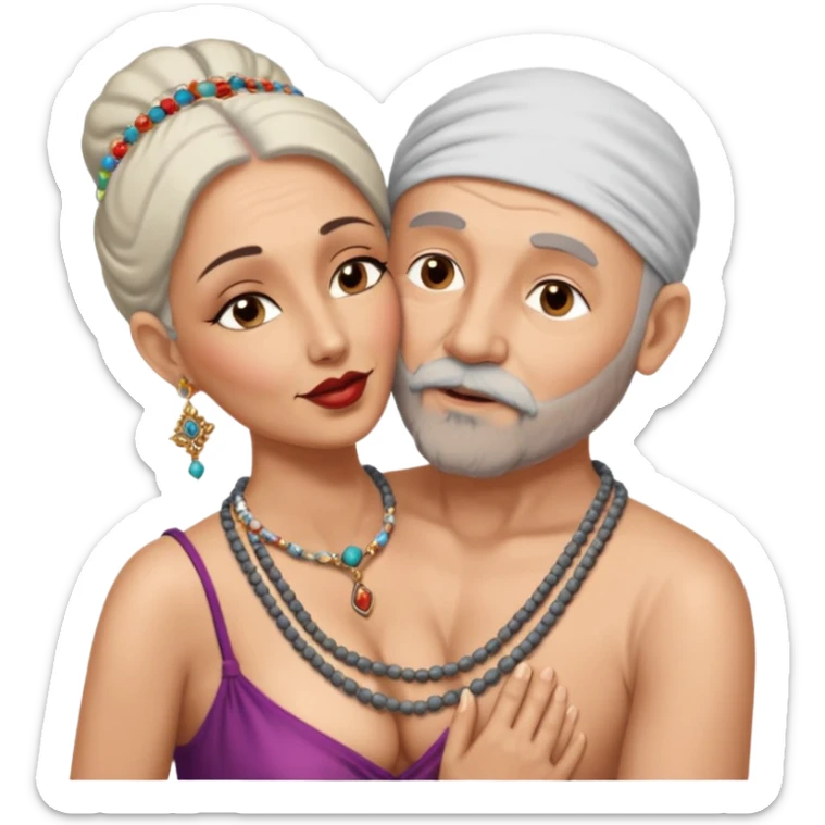 A man in his 60s balding with a grey beard passionately kissing the vagina  of an Indian woman in her 40s wearing a beads chain with here cleavage visible and embracing the man sticker