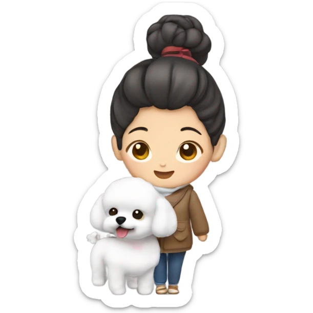 Hair-in-a-bun traveling Asian woman carrying a happy and cute Korean-style bichon frise sticker