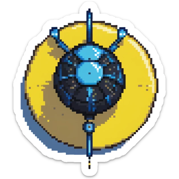 Blue digital bomb with blue antenna-like fuse at the top, round black bomb body with blue accents, pixel art style sticker