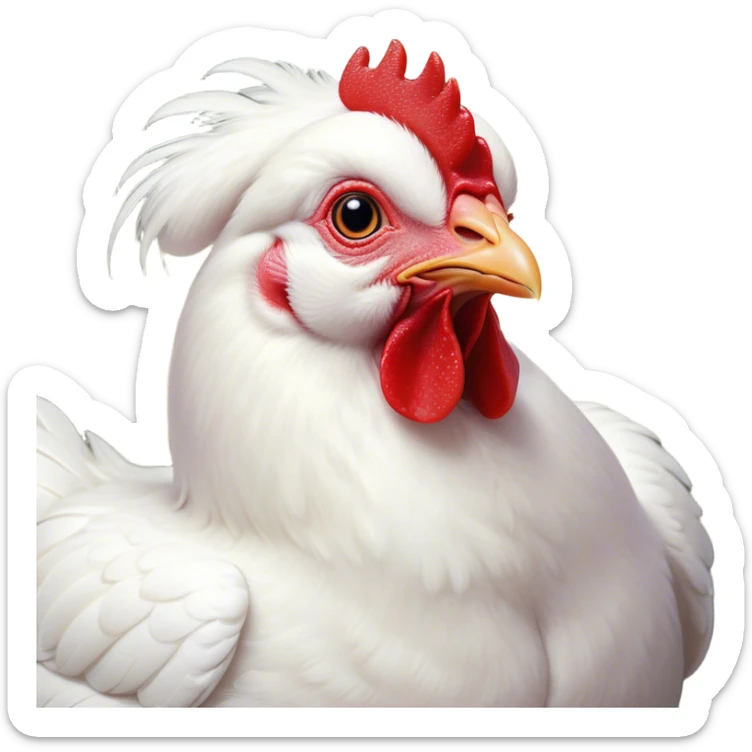 Cinematic Cute White Chicken Portrait Emoji, Head tilted playfully and inquisitively, featuring smooth, immaculate white feathers and a delicate red comb, round, sparkling beady eyes filled with curiosity, Simplified yet irresistibly adorable features, highly detailed, glowing with a warm, friendly glow, high shine, affectionate and lively, stylized with a touch of farmyard whimsy, bright and endearing, soft glowing outline, capturing the essence of a mischievous yet loving chicken, so playful it feels like it could peck out of the screen and into your arms! sticker