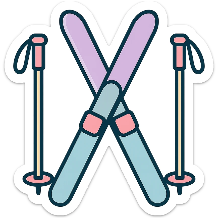 cross-country skis standing, tips crossing at the top, slightly inclined in opposite directions, poles on the sides, detailed shading, thin clean outlines, soft rounded features, pastel palette #98B5BC #B5B3C1 #C9A3C9 #E4C0CA #F7DCD1 #F7C0AA, Japanese pop art, sticker look, highly detailed, vector clarity, soft lighting, subtle shadows, transparent background sticker