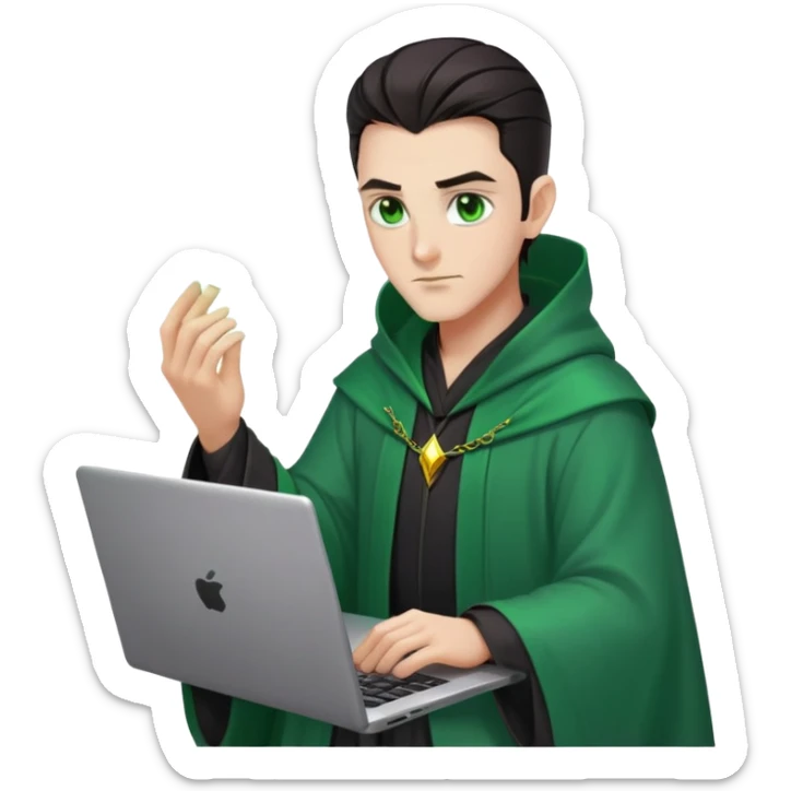 male wizzard with dark hair, slick back hairstyle, green eyes, dark robe green aura coding on laptop sticker
