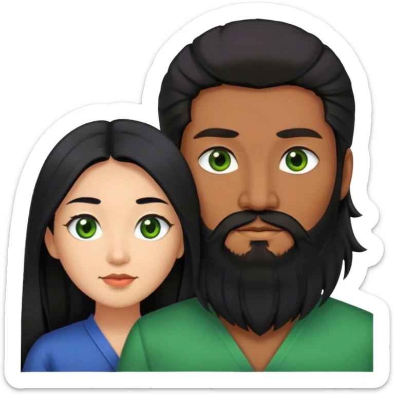 Asian woman with black long hair together with European guy who has black beard and green eyes  sticker