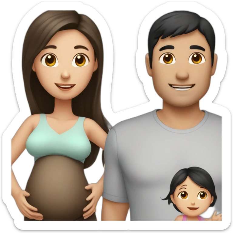 dad with black hair, pregnant mum with long brown hair, baby girl with light brown hair sticker