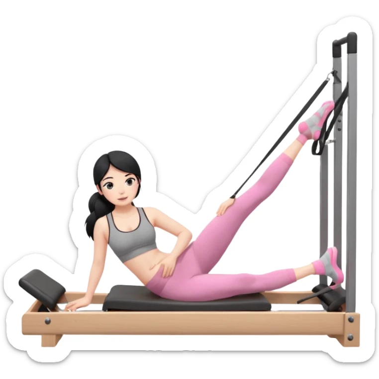 Create a Pilates emoji: a girl with fair skin and black hair, wearing a grey bra and grey leggings with pink pilates socks, doing sitted stomach massage on a wooden reformer and not looking at the camera. Make the colors neutrals. sticker