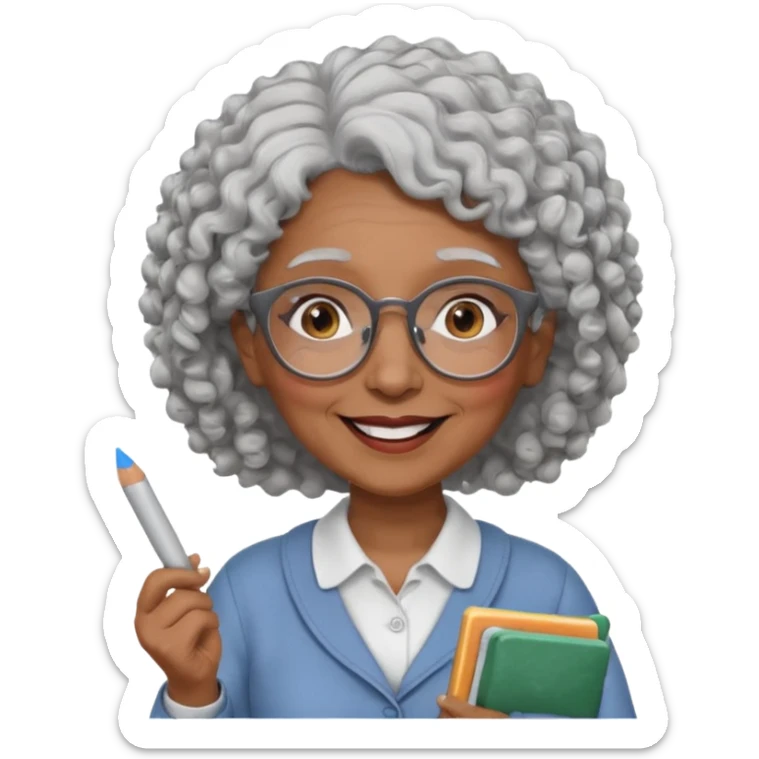 old woman teacher, brown skin, curly grey white hai, wearing glasses, hold chalk on hand sticker
