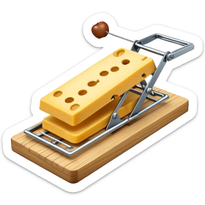 A 3D emoji in iOS emoji aesthetic style of a classic mousetrap with a wooden base and a metal spring mechanism, holding a small piece of yellow cheese, clean and detailed design, white background, glossy Apple-style rendering sticker