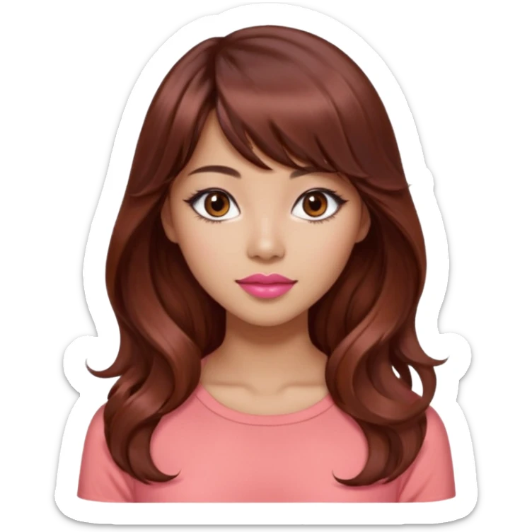 gorgeous woman, light tan skin, dark brown eyes, very long wavy auburn hair, bangs, pink top, coral lipstick, cool, model, mixed asian and latina sticker