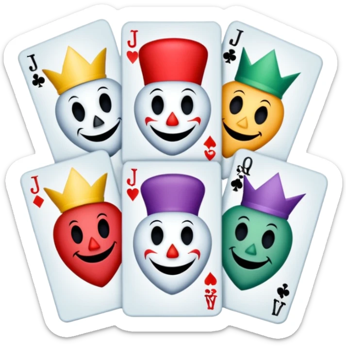 bunch of 3 poker cards, with crazy colorful human jolly jokers inside, inversed face, cuphead style sticker