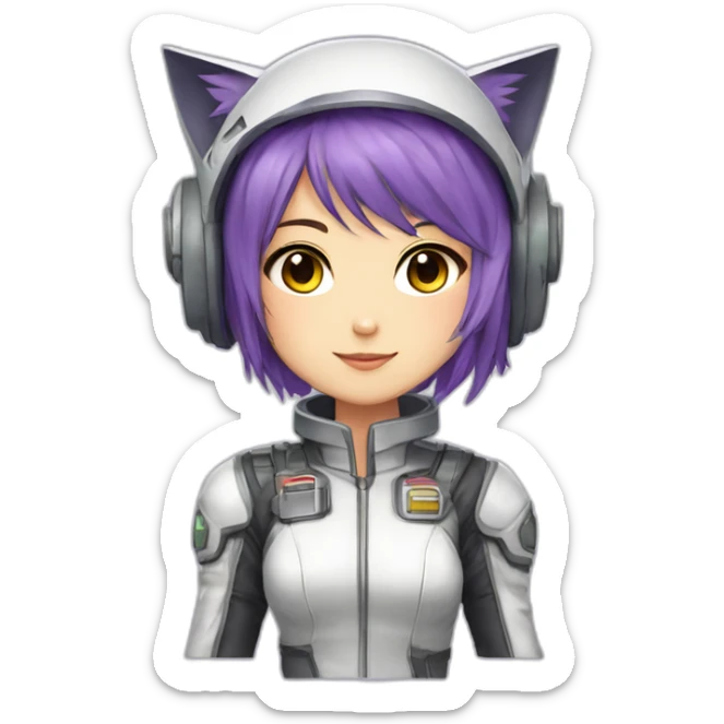 Jean Faymas Jets Anime mech pilot girl with short straight purple hair white pilot suit and short metal cat ears sticker