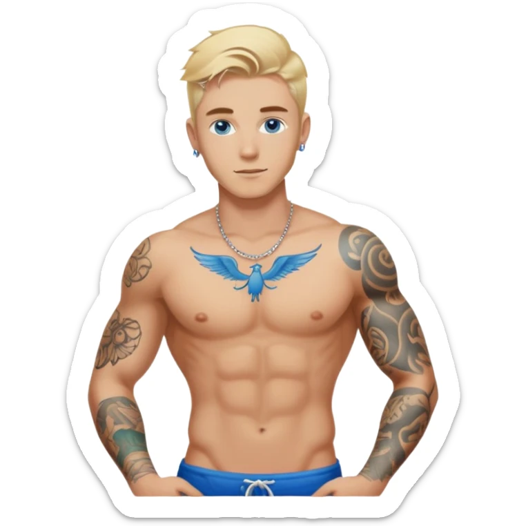 Handsome shirtless blonde hair and blue eyes white guy with body tattoos sexy pose sfw sticker