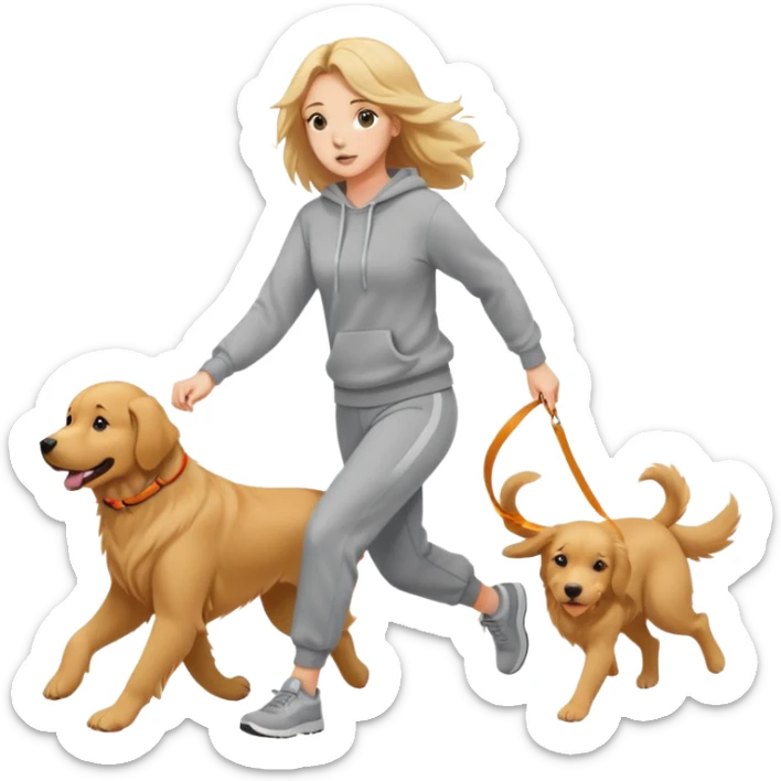 A beautiful girl with fair skin wearing a sweatshirt and sweatpants chasing a dog sticker