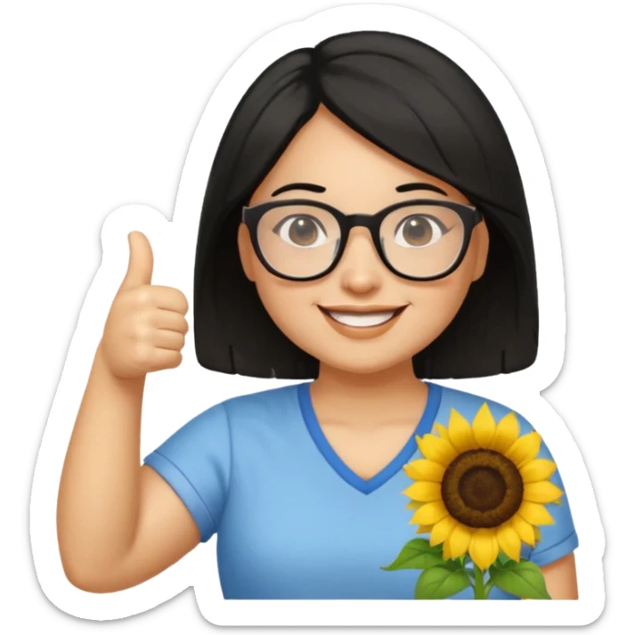 Make my biology teacher shes light brown, wears glasses, female, fat, sunflower shirt under and make her give 1 thumbs up and she has black hair and chubby sticker