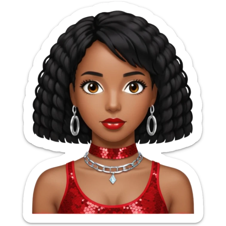 Kelly Rowland with black hair, red sequin crop top and neck bracelet sticker