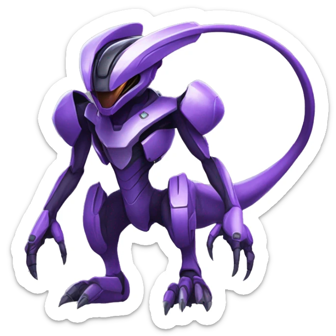 a black-purple Genesect-Raptor-Fakémon—hybrid with a futuristic visor-helmet full body sticker