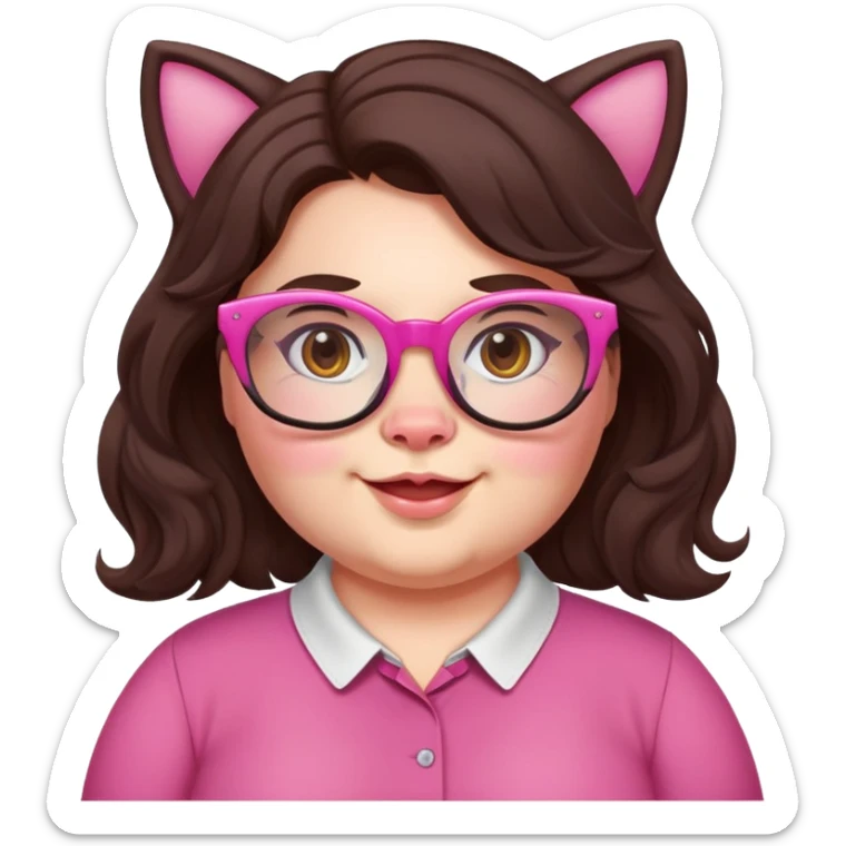 chubby English teacher face, pink cat glasses, wavy long dark brown hair, cheerful, slight gamer touch sticker