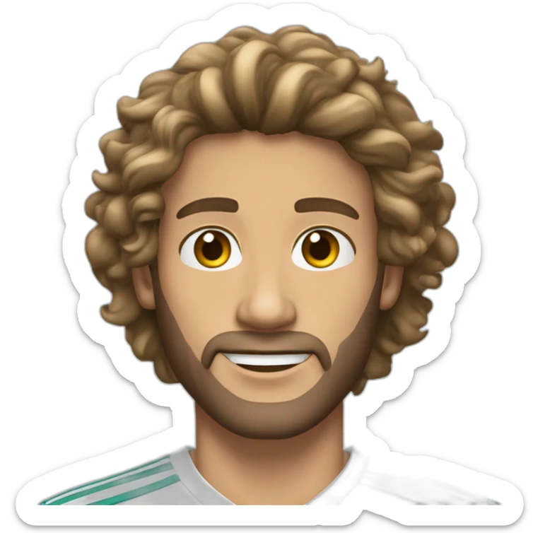 Fais un jeune homme au long cheveux boucle sans barbe avec un emoji du maillot du real madrid sticker
