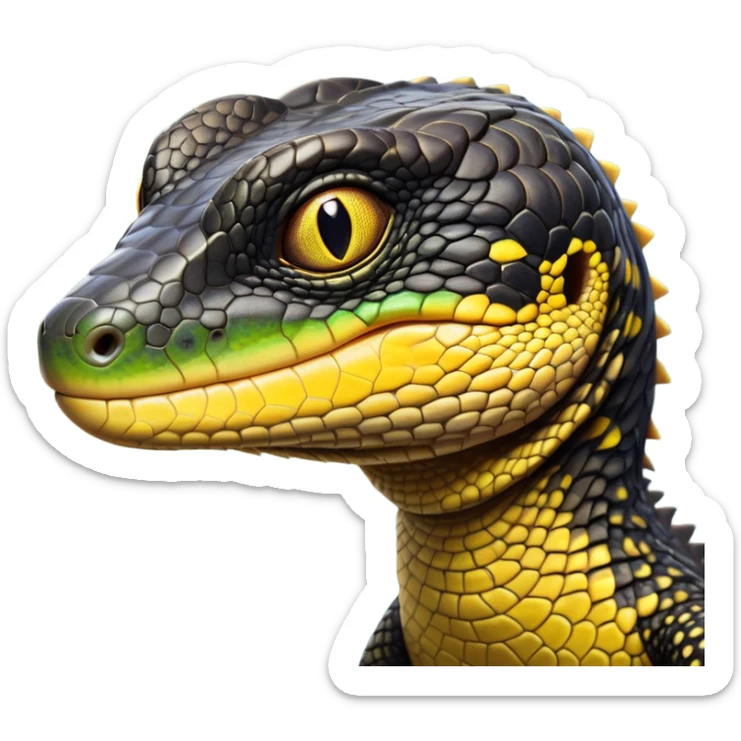 cinematic-realistic-cute-monitor-lizard-portrait-emoji,-head-tilted-playfully-and-inquisitively,-featuring-a-compact,-agile-body-with-finely-detailed,-glossy-scales-in-earthy-black and yellow-hues-and-a-distinct,-alert-face-with-bright,-curious-eyes, black , yellow spotted and green band  scales sticker