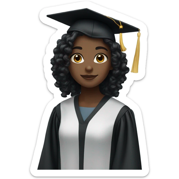 girl with dark skin long black curly hair and dark brown eyes with graduation cap and attire sticker