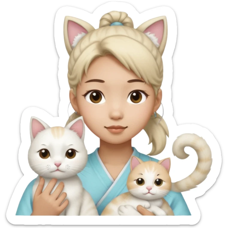 Asian girl with pony tail and whole facial sheet with one  white cat sticker