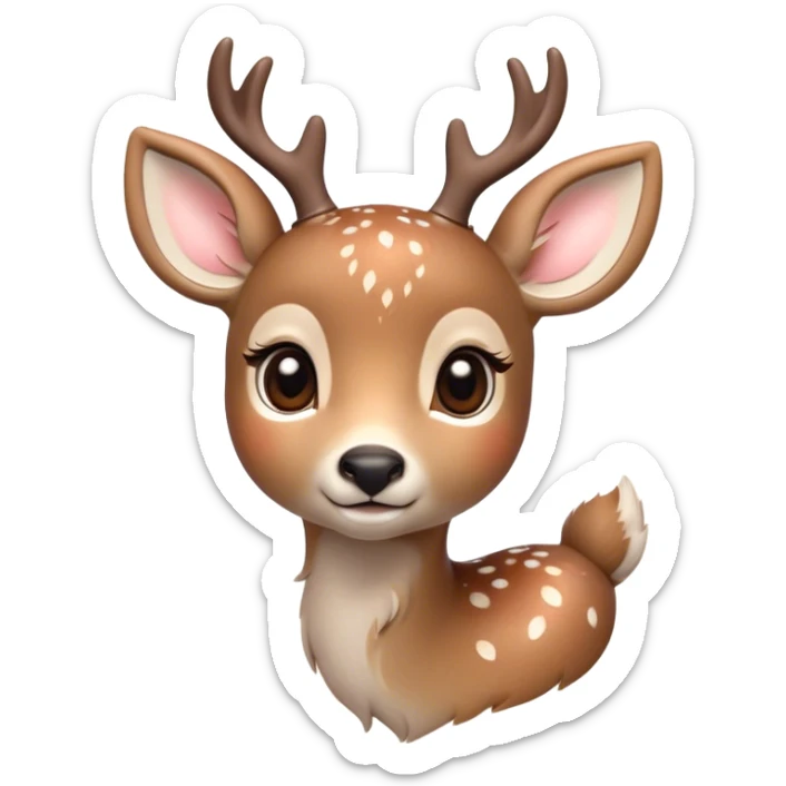 Cinematic Cute Deer Portrait Emoji, Head tilted playfully and inquisitively, showcasing a delicate Fur speckled with subtle white spots and gentle earth tones, round, sparkling eyes filled with curious wonder, Simplified yet irresistibly adorable features, highly detailed, glowing with a warm, friendly glow, high shine, affectionate and graceful, stylized with a touch of woodland whimsy, bright and endearing, soft glowing outline, capturing the essence of a mischievous yet loving fawn, so playful it feels like it could skip out of the screen into your arms! sticker