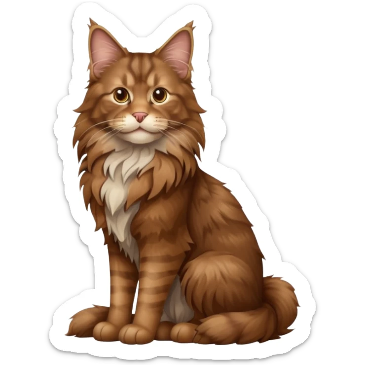 A high-resolution photo-realistic digital illustration of a brown maine coon cat, full body noble maine coon sitting sticker