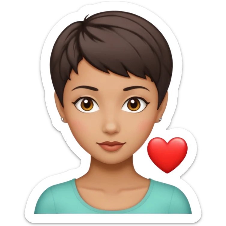 woman pixie cut dark brown hair, tan skin, brown eyes, heart shaped face sticker