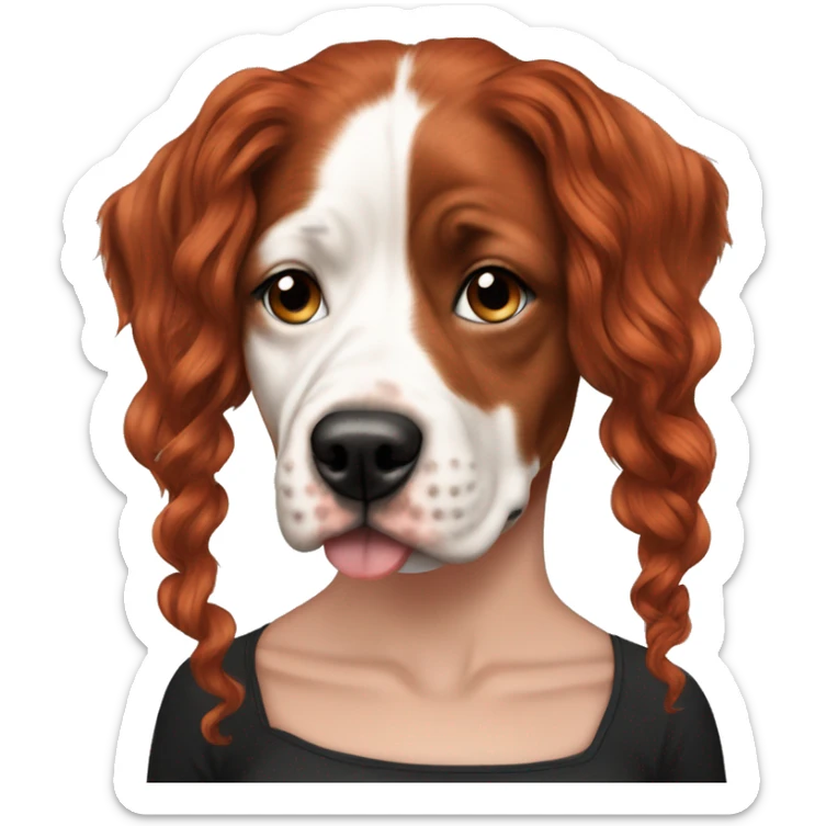 Long Red haired woman with septum piercing holding black and white English Staffordshire dog sticker