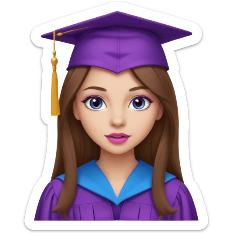 girl with gorgeous long brown hair, blue eyes, long lashes makeup, sexy pink lips, wearing a purple graduation cap and gown sticker