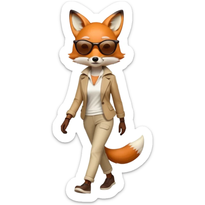 serious anthropomorphised female fox in stylish casual outfit with sunglasses, walking with confidence, full-body sticker