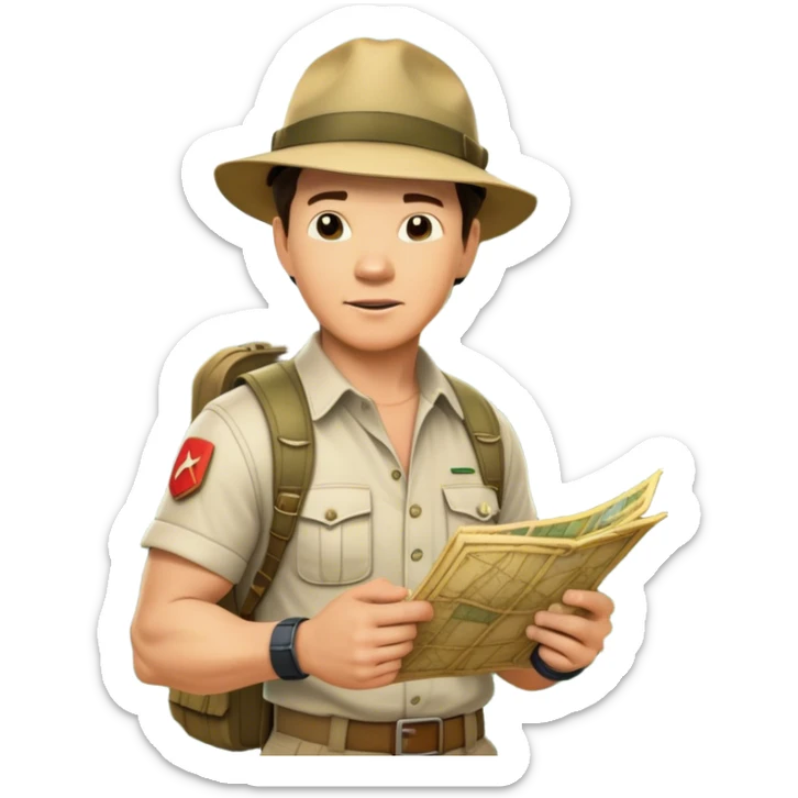 Icon for Adventure Movie: Mark Wahlberg among jungle in a jungle setting, holding a treasure map and surrounded by adventure gear. Behind him, ancient ruins rise through the dense foliage. Exciting, action-packed atmosphere with vivid jungle details. Transparent background. sticker