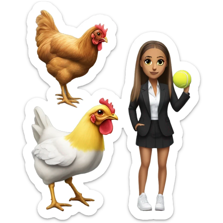 generate a emoji of ariana grande playing tennis in a suit with a chicken on her head and the tennis ball is dwayne the rock johnson sticker