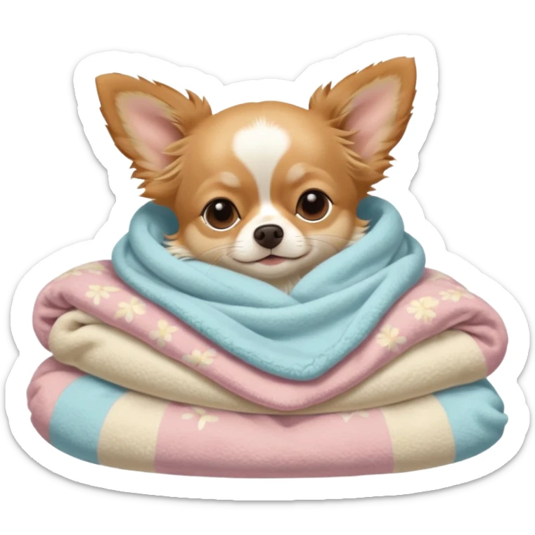 Long haired chihuahua, beige, no white on head, with white chest and white socks, sleeping cutely under blanket sticker