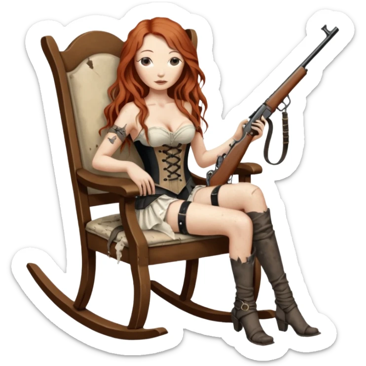 realistic cinematic Tori Amos sits on a rocking chair in a torn corset, holding an antique rifle and her bare feet are muddy. A white snake is wrapped around the chair. sticker