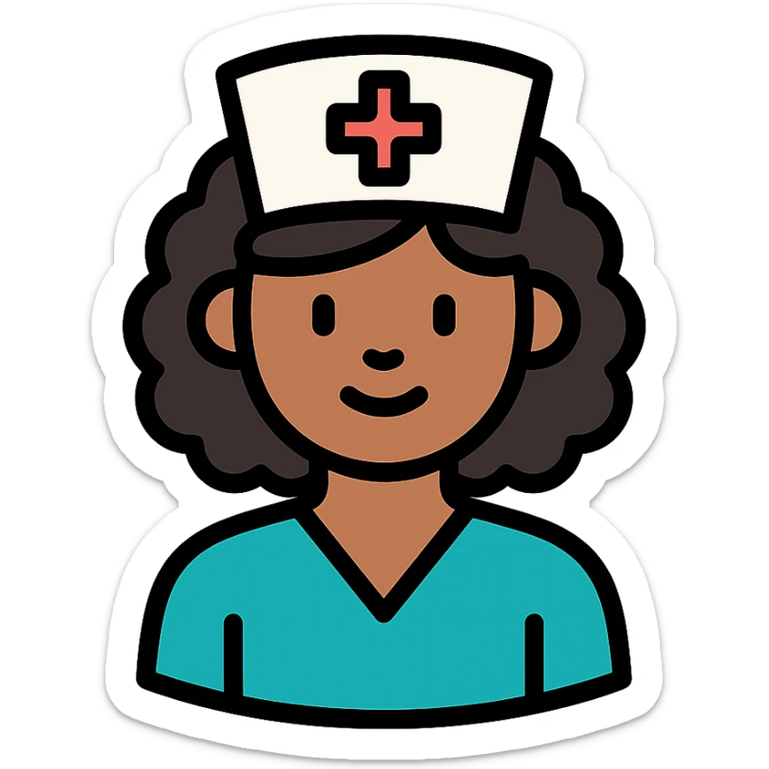 color outline icon of a Latina nurse with curly hair, nurse cap sticker