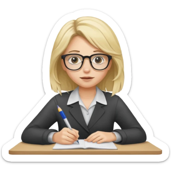 young blonde disheveled hair woman is writing an exam sticker