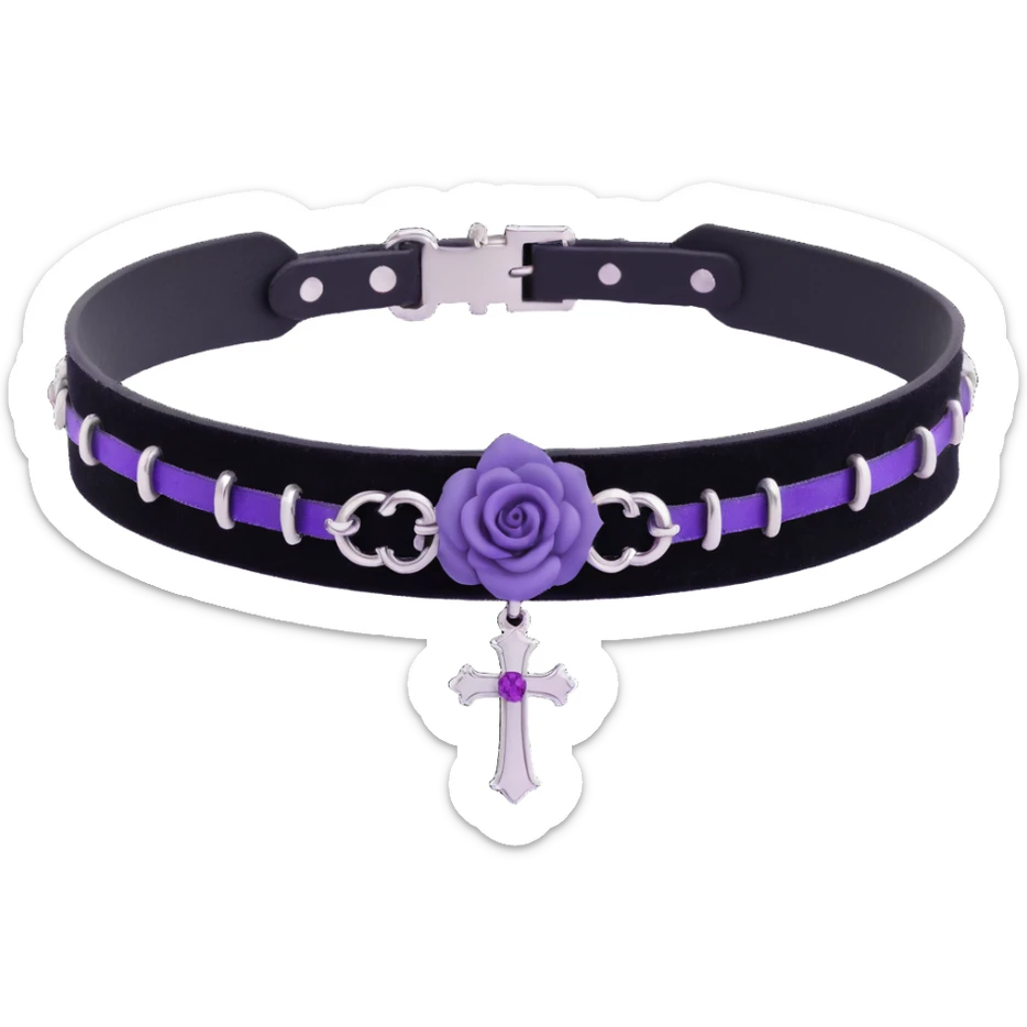 gothic choker with black velvet band, silver cross pendant, purple rose accent, ornate and dark gothic style sticker