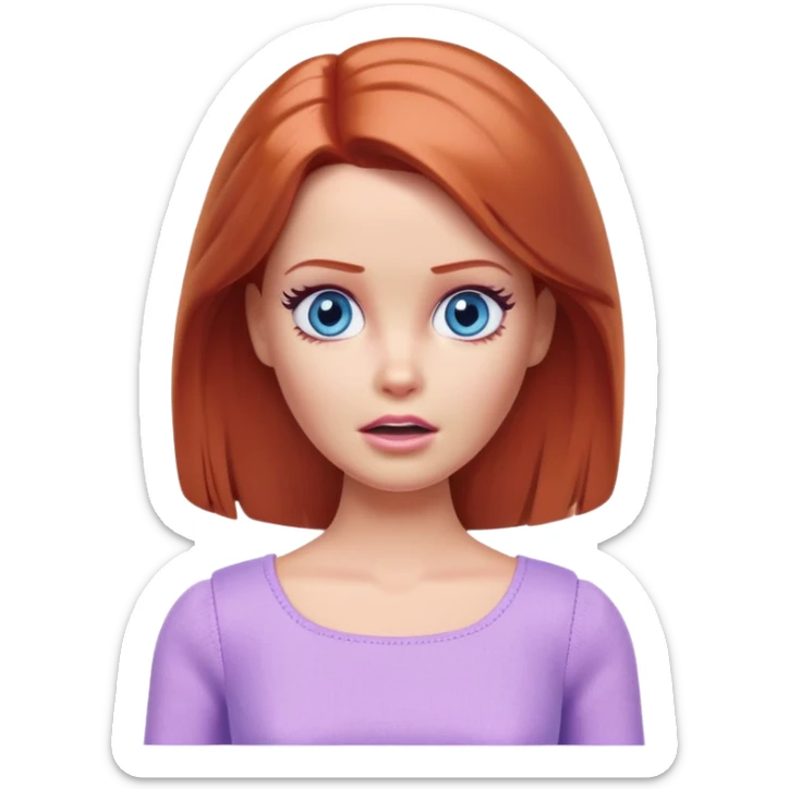 Barbie girl Chestnut-red Shoulder-length hair and blue eyes is In pale purple clothes a Feels terrified sticker