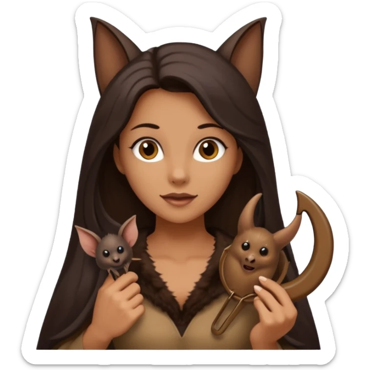 woman with long dark hair holding a horsehoe bat sticker