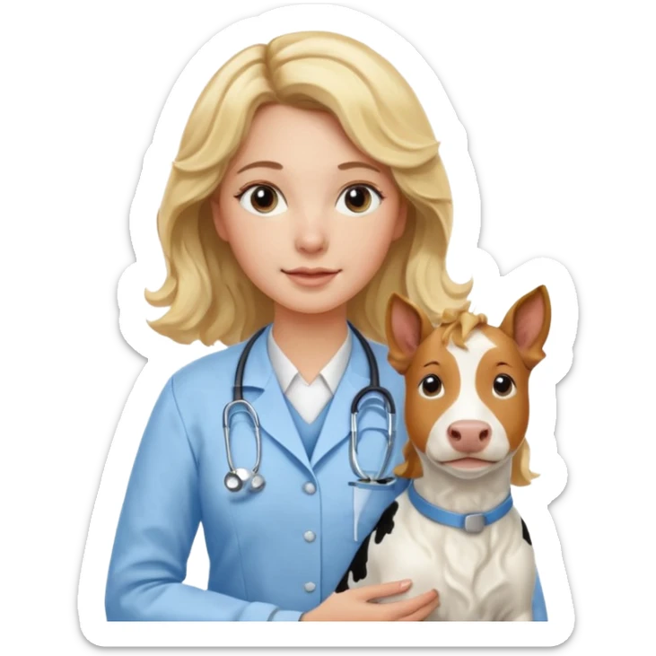 Joven mujer, de cabello bajo los hombros rubio con ondas y partidura al medio.  veterinaria de perros, vacas y caballos, con traje clínico celeste, sin delantal blanco sticker